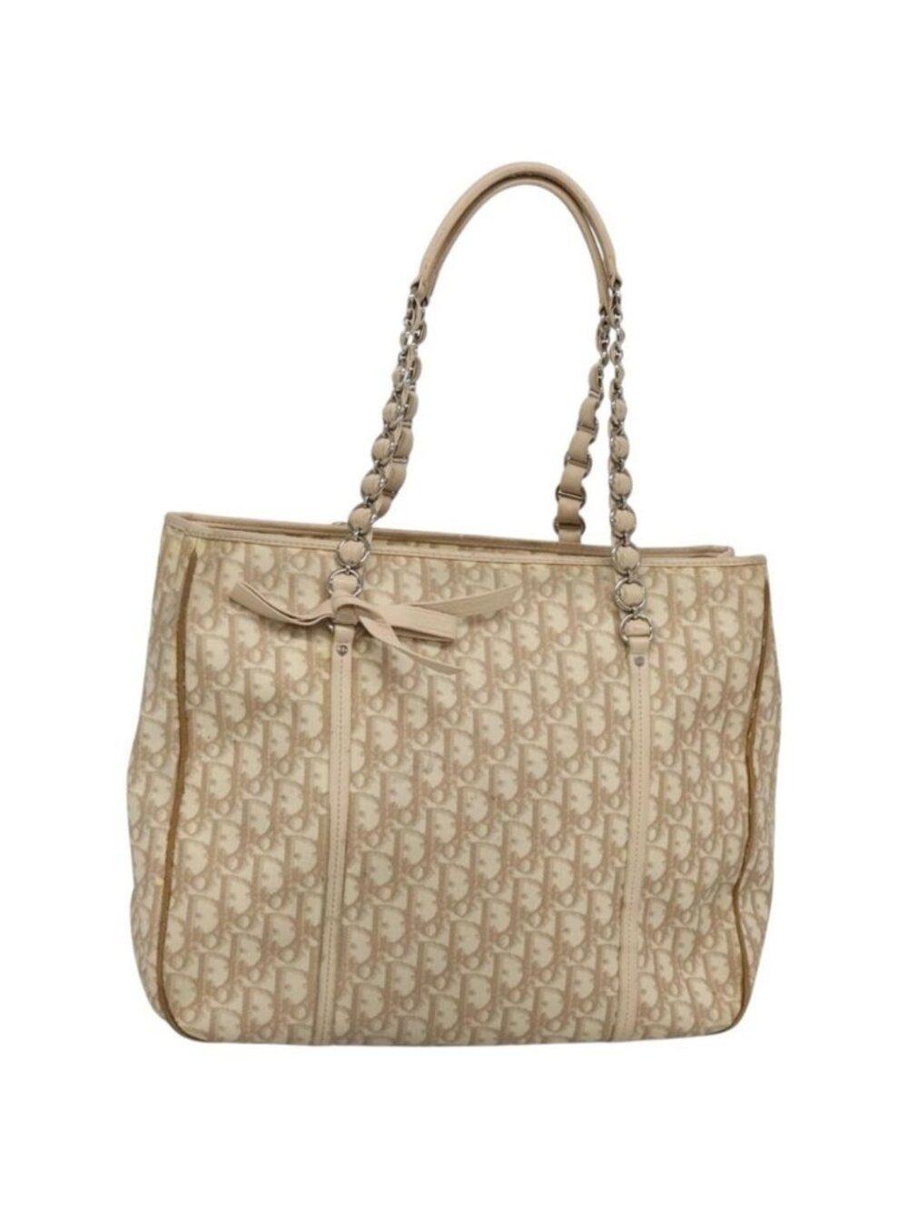 Authentic Christian Dior Romantic Chain Trotter Canvas Shoulder Bag PVC Beige